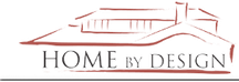 Home By Design logo: a red line drawing of the Showhouse roofline above the words Home By Design